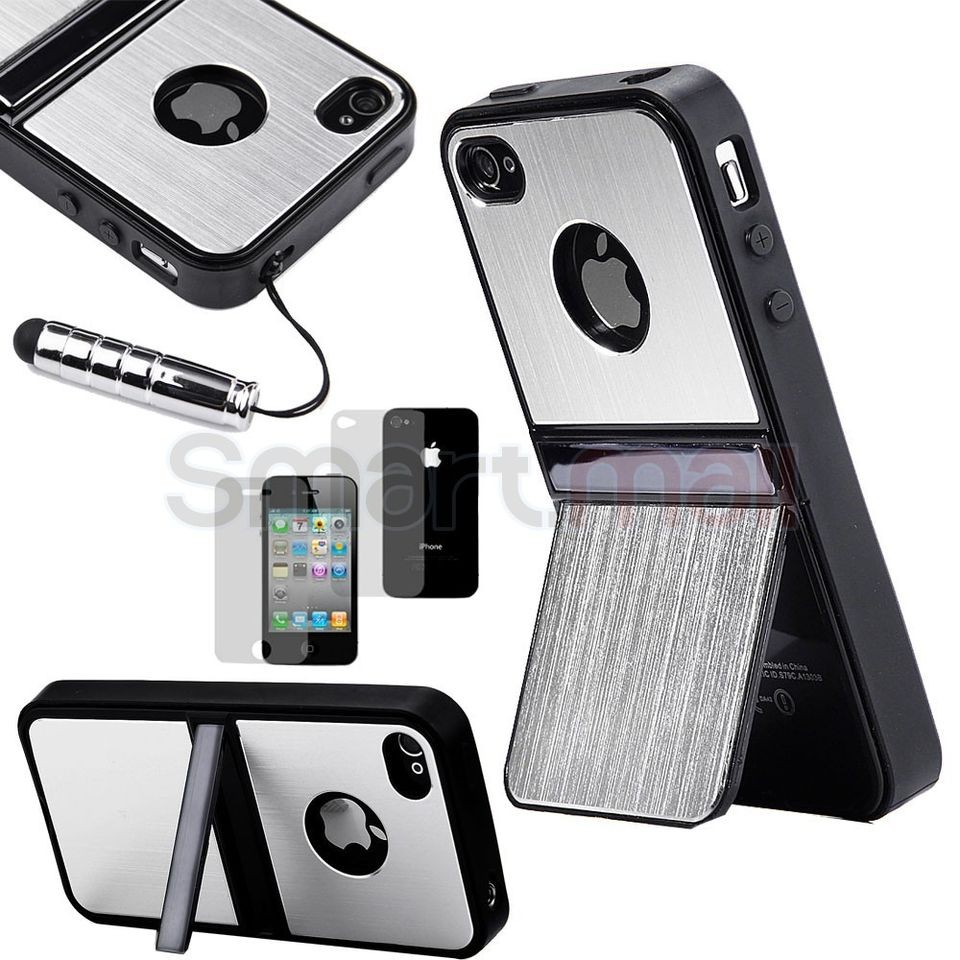 Silver Aluminum TPU Hard Case Cover W/Chrome Stand For iPhone 4 4G 4S 
