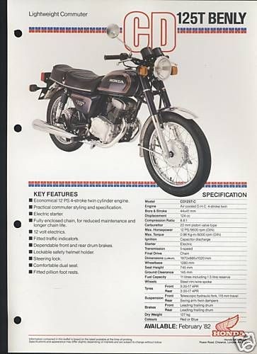 Honda UK CD125T Benly (1982) Data Sheet/Brochure CD125,CD 125 T