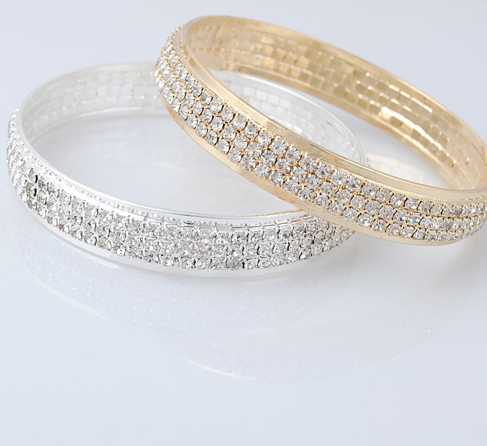   Gold or Silver Crystal Bracelet Bangle Bridal Wedding Wristband BR001
