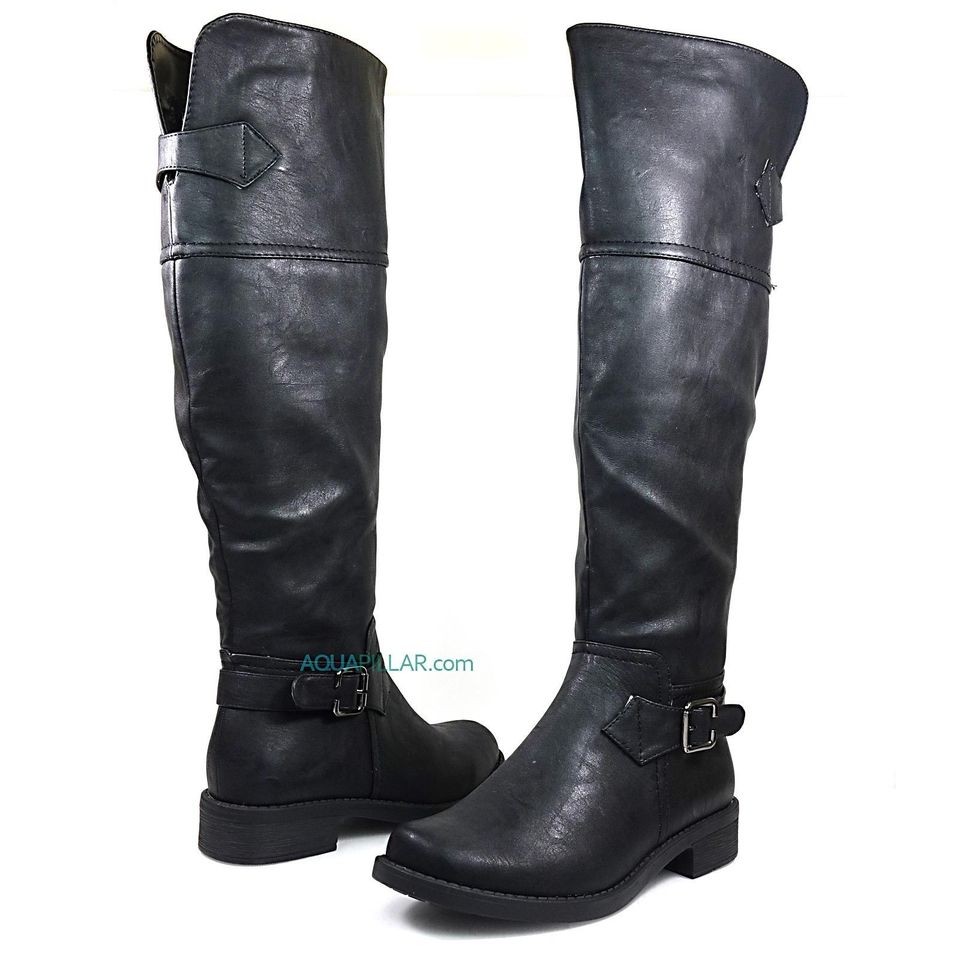   Black P Leather Women Motorcycle/Equestrian Knee High Riding Flat Boot