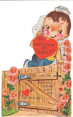   Valentine Card Boy Jumps Over Garden Gate Die Cut for Children Kids