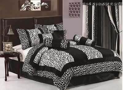12pc Black Zebra Bed in a Bag Comforter Set +Window Curtain California 