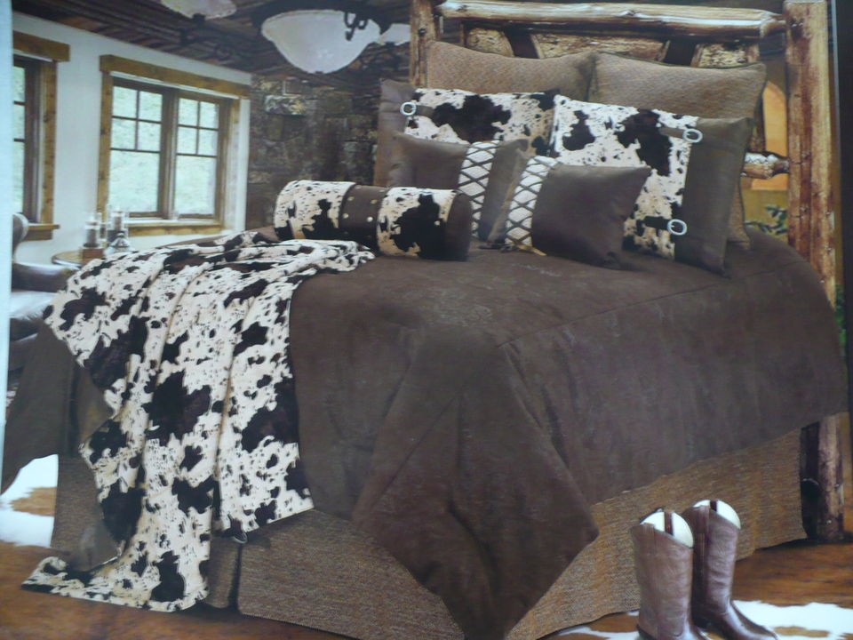 Western Rustic Lodge Bedroom Decor Brown Cowhide Fur Comforter Bedding 