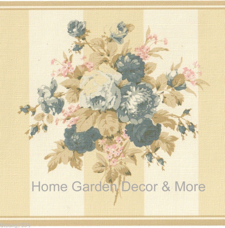 Country Cream Blue Rose Floral Flower Wall paper Border