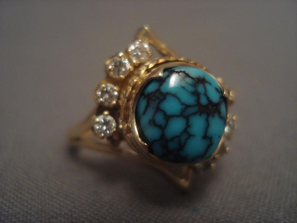 MUSEUM VINTAGE NAVAJO LANDER BLUE TURQUOISE GOLD DIAMOND RING