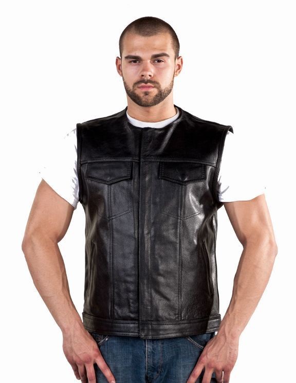Mens Conceal Leather Motorcycle Biker Club Outlaw Vest No Collar Bay 