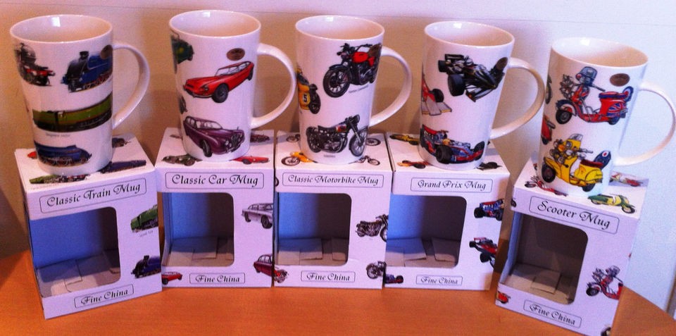 CLASSIC TRAINS,CARS,MOTORBIKES,GRAND PRIX AND SCOOTER MOCHA MUGS