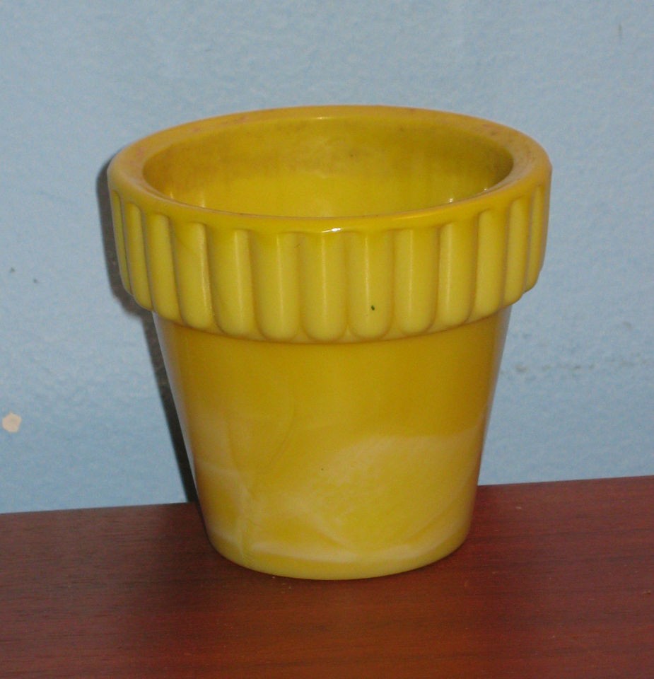 Akro Agate Flower Pot Mini Yellow Slag White Glass 