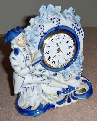 Linden Genuine Porcelain Colonial Figurine Mantel Clock w/ Alarm Made 