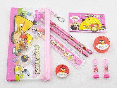 NEW PINK Angry Birds 8 In 1 Pencil Case Bag PARTY School Stationery 
