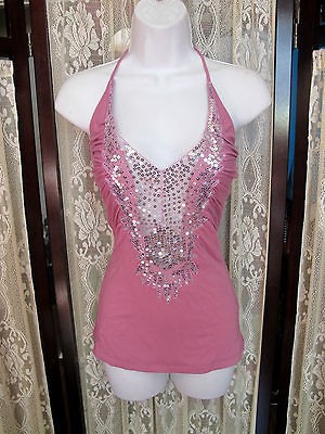 SKY Brand Sz XS Pink Silver Sequin Sheer Ruched Bust Spaghetti Strap 