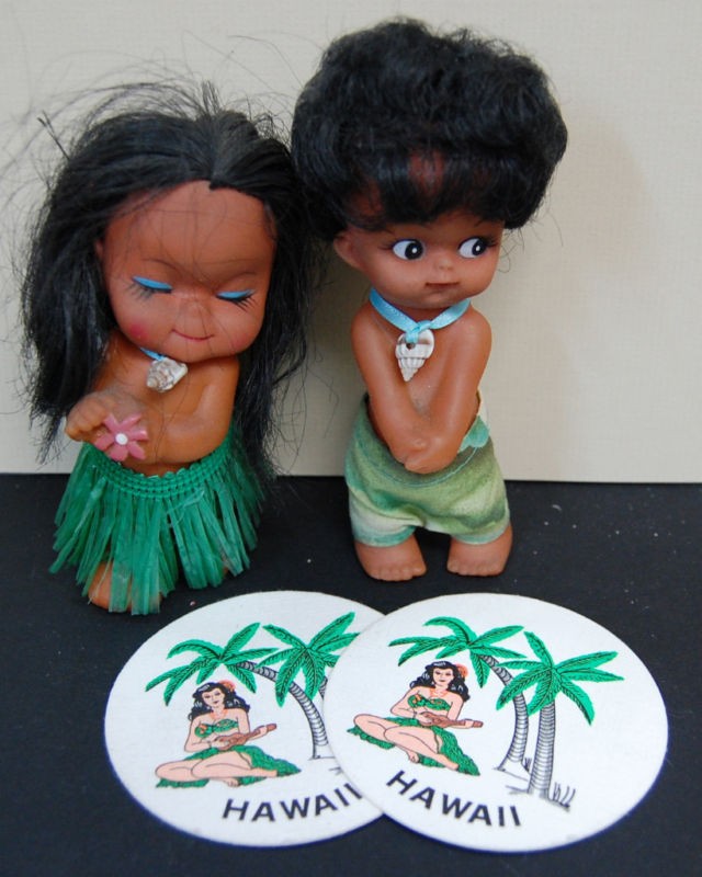 Hula Girl & Boy Dolls Toys and Vintage Hawaii Coasters