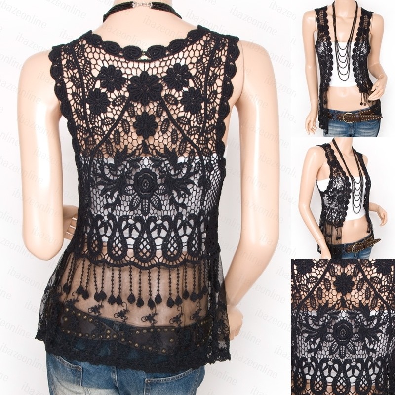 Gorgeous Black Crochet Lace Shrug Cape Bolero Cardigan Vest Top M