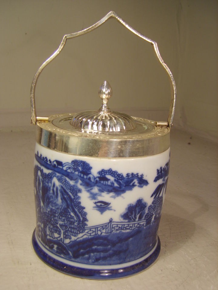 Silver Plate Lid Flow Blue Willow Pattern Biscuit Barrel / Ice Bucket