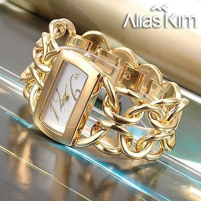   18K Gold Plated band lady girl analog bracelet quartz wrist watch +box