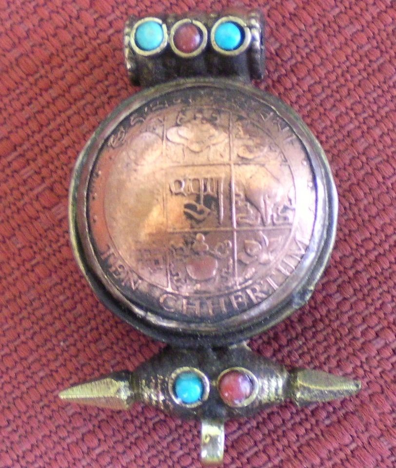   Old Copper and Brass Tibetan Amulet (or Ghau) with Mantra Letters