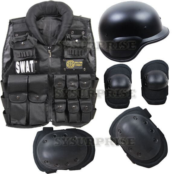 Airsoft Black Protective SWAT Tatical Vest PASGT Helmet Knee Elbow 