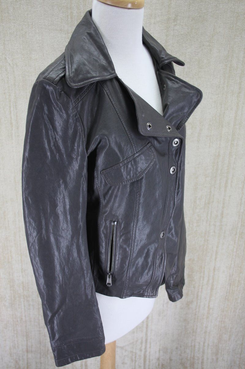 Womens Andrew Marc New York Kendra Slate Grey Leather Jacket Medium $ 