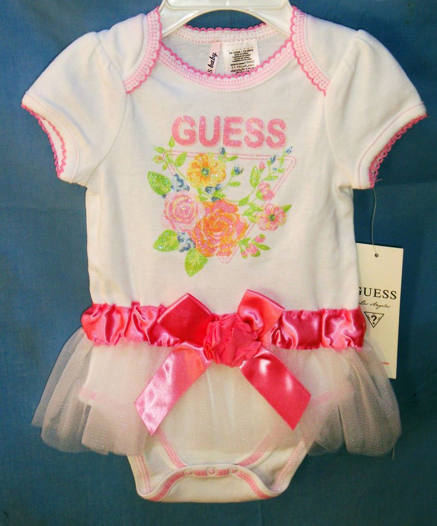 GUESS 100% Cotton White Screen Print Romper w/Mesh Skirt NEWBORN GIRL 