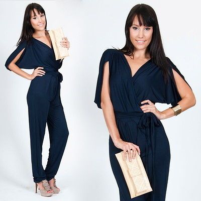 NEW Womens Navy Blue Grecian Batwing Jumpsuit Cocktail Rompers Long 