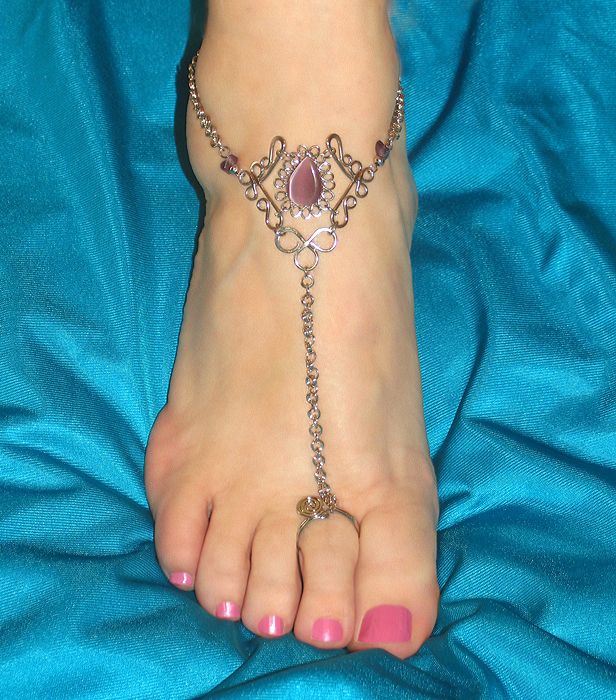 Barefoot Sandals Anklets Pair Purple Cat Eye Stones 13