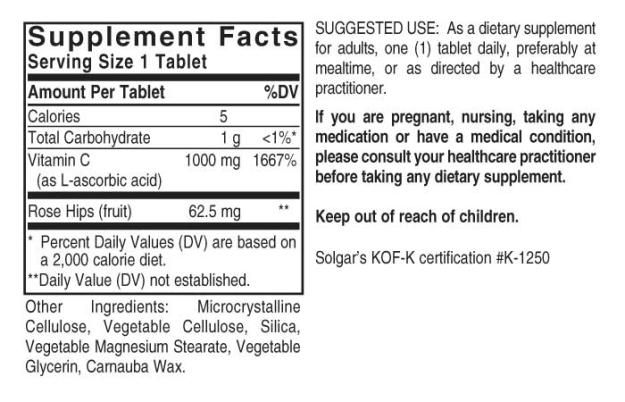 Solgar Vitamin C w Rose Hips 1000 MG 100 Tablets
