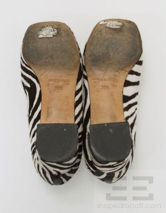 Bettye Muller Brown White Animal Zebra Print Pony Hair Heels Size 38 5 
