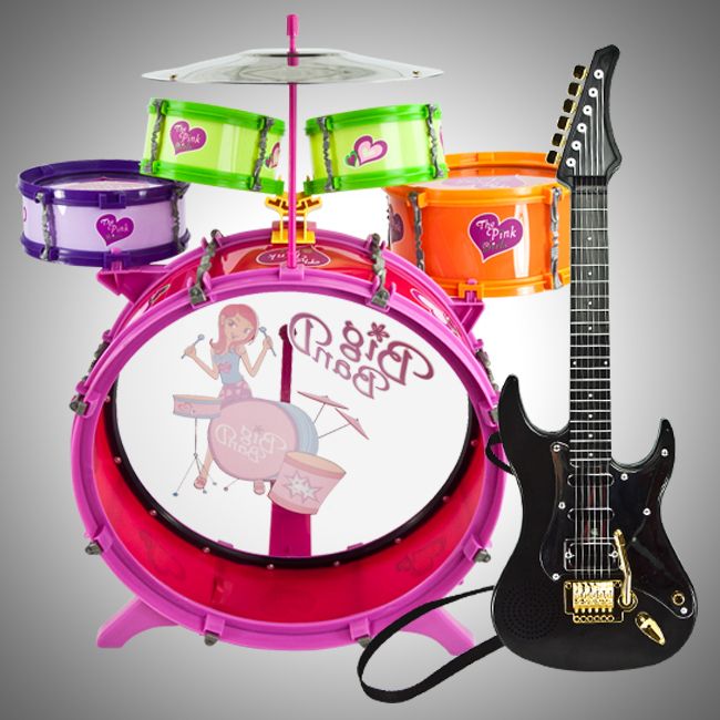 Kid Toy Drum Set & Black Electric Guitar Musical Instrument Playset 