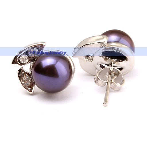  Black Pearl Stud Earrings w Swarovski Crystal Low Price High Quality