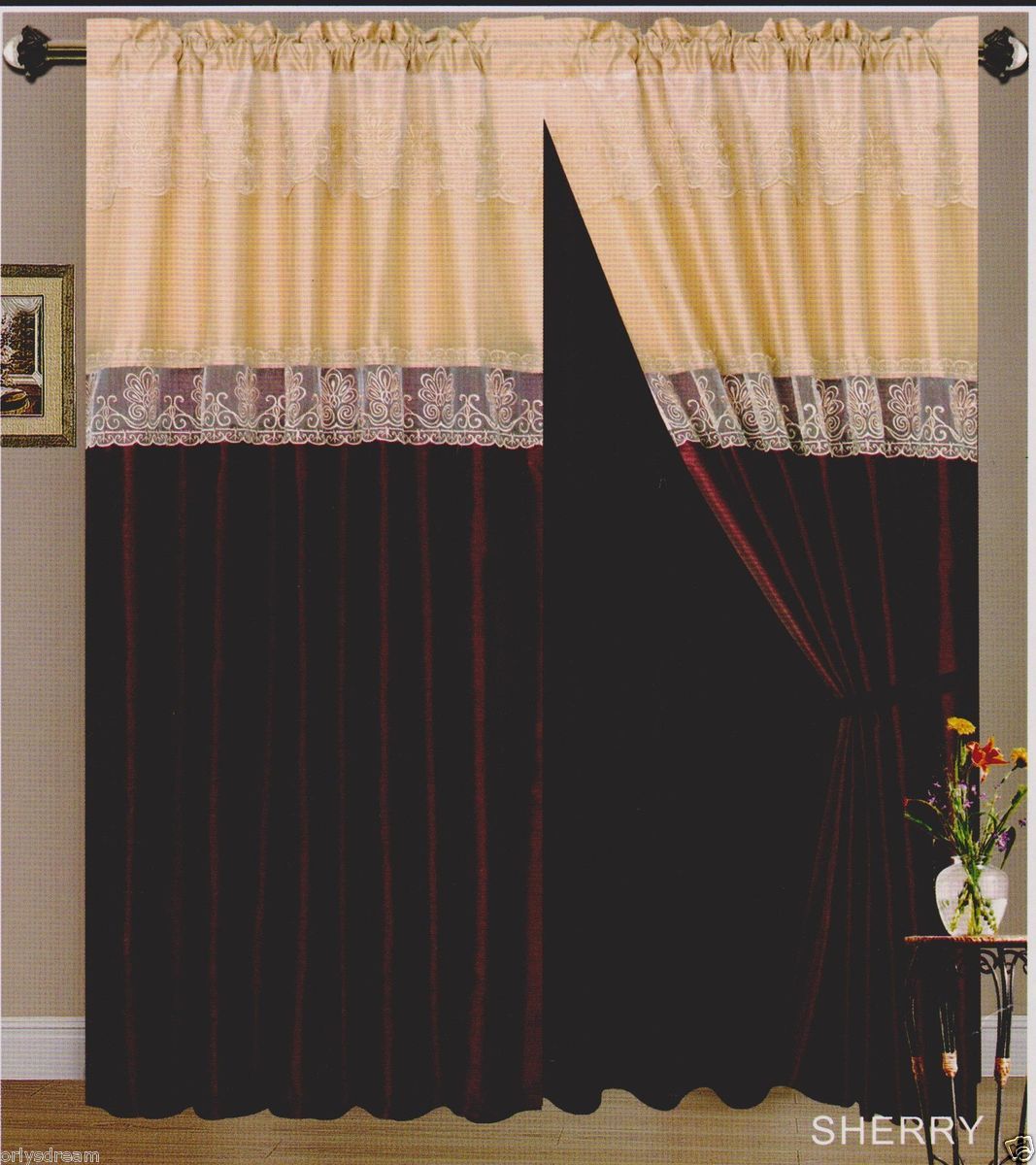   Elegant EMBROIDERY 2 Panel Curtain Set SHERRY  BURGUNDY & DARK BEIGE