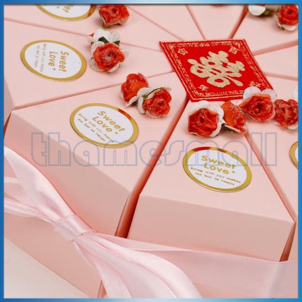 Wedding Favor Box Pink Ribbon Cake Slice Boxes Baby Shower w/ Cute 
