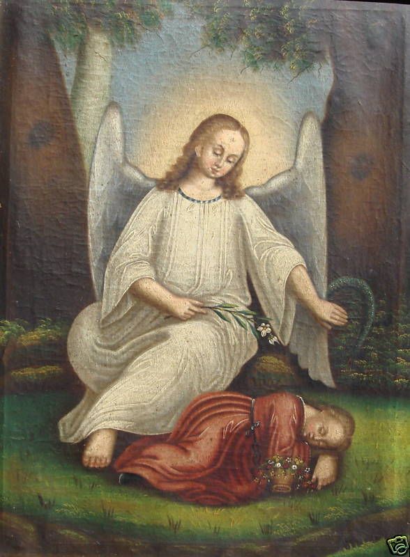 Guardian Angel and Sleeping Child 19th Century Oil