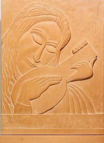  Relief Wood Art Deco Sculpture of A Mandolin Player Circa 1950