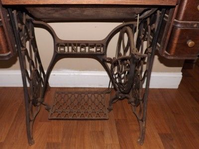 Antique Singer Sewing Machine Tiger Oak Table and Iron Treadle Base
