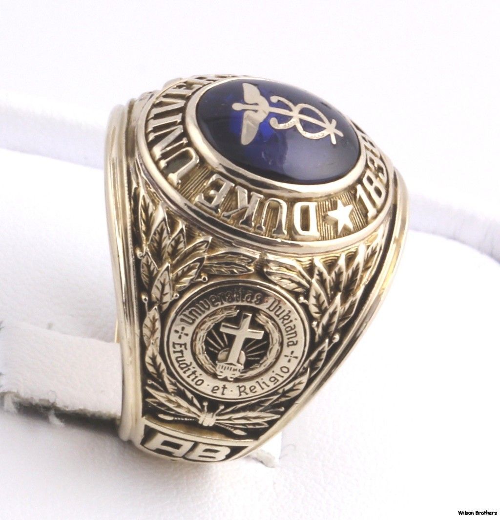  University Syn Blue Spinel Caduceus Class Ring   10k Gold Solid Back