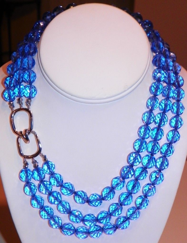 Vintage LES BERNARD 3 Strand Blue Crystal Necklace w Fancy Silver Tone