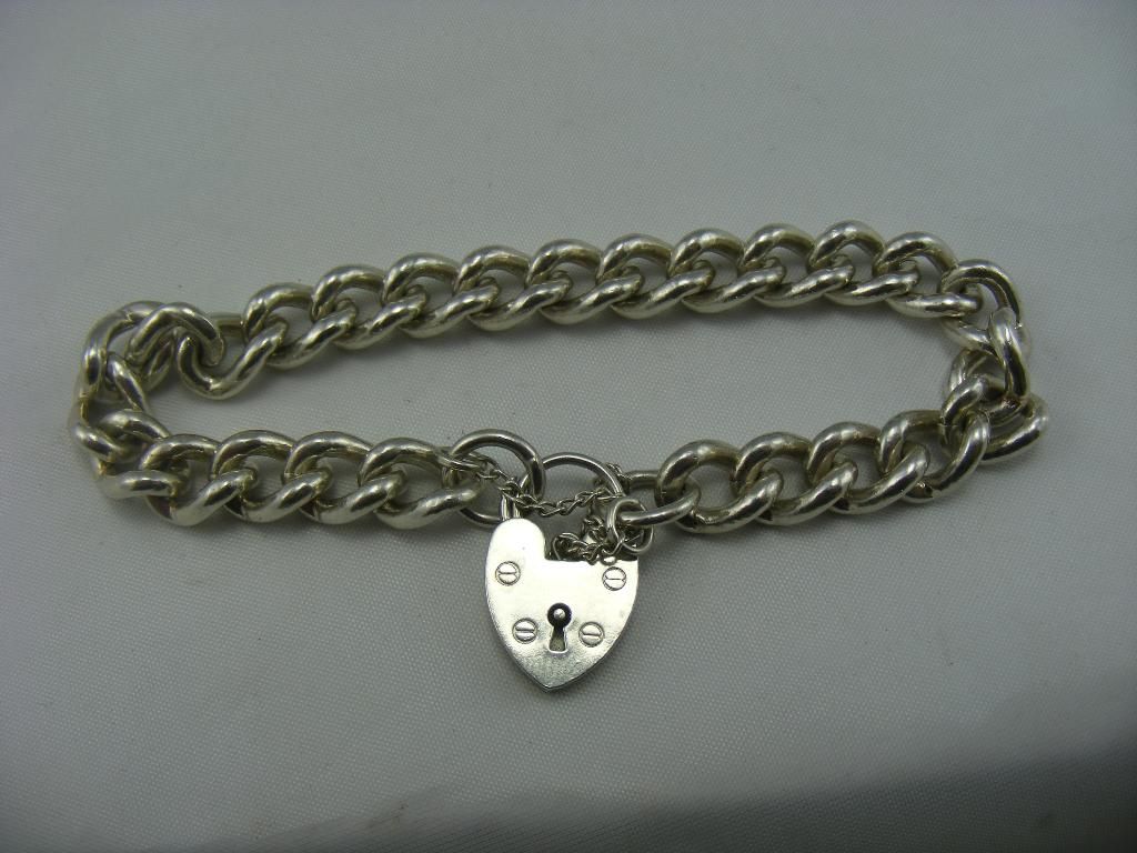  Silver Heavy Full UK HM Charm Braclet and Love Heart Clasp Curb