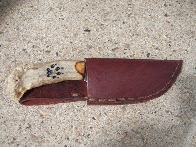 Whitetail Deer Antler Patch Skinner Hunting Knife w/ Sheath Wolf Track
