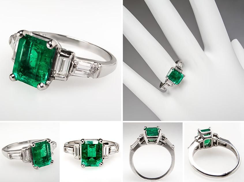 Natural Emerald Diamond Engagement Ring Solid Platinum Stunning Estate