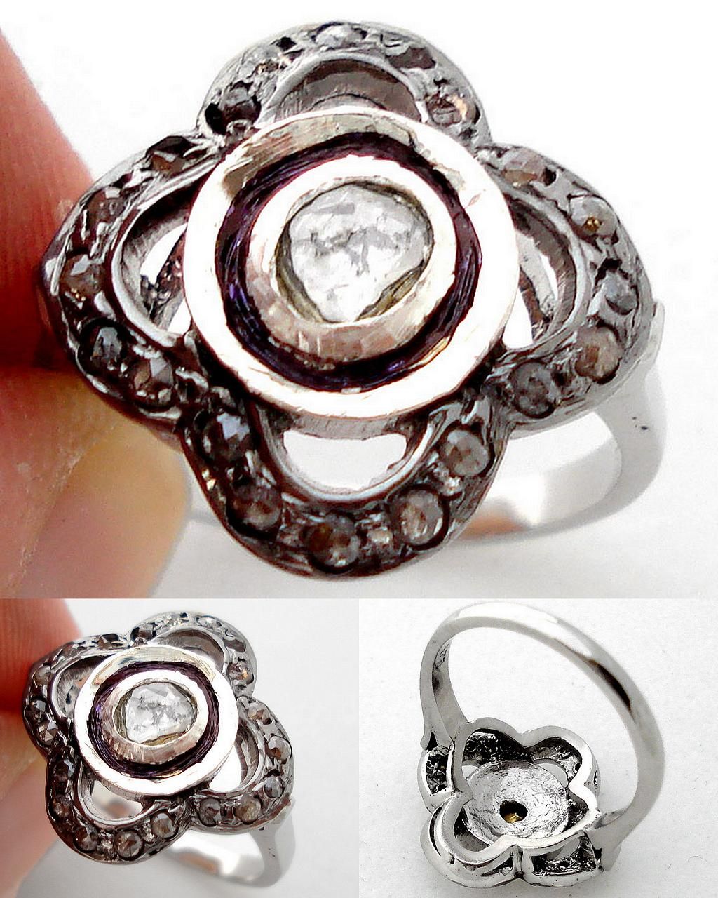  NATURAL ROSE CUT 18K DIAMOND STERLING SILVER VICTORIAN RING 1380