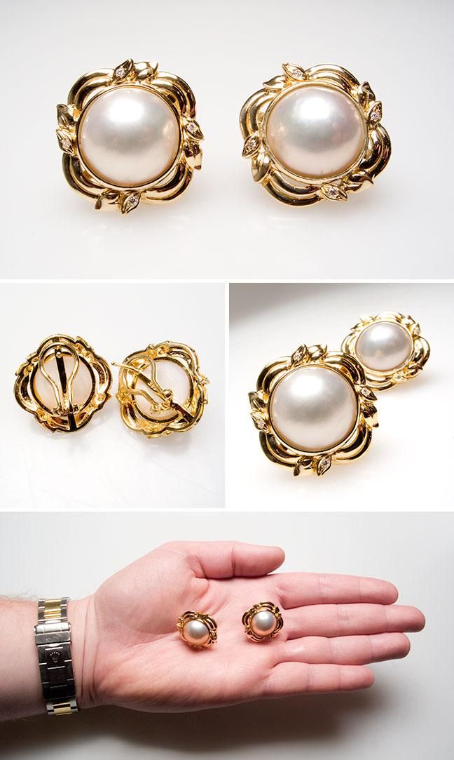 Vintage Estate Mabe Pearl Genuine Diamond Earrings Solid 18K Gold Fine