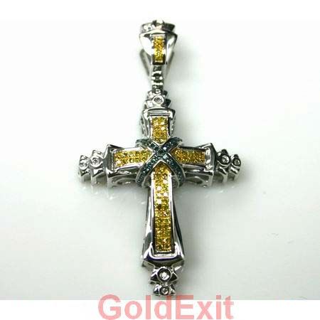  MENS 14K WHITE OR YELLOW GOLD CANARY DIAMOND CROSS PENDANT 0.30 CWT