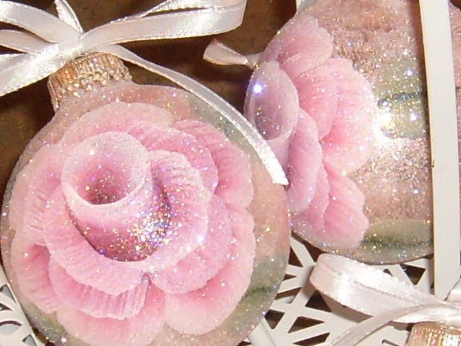 Victorian Rose Sparkle HP Set of 4 Christmas Ornaments Shabby Cottage