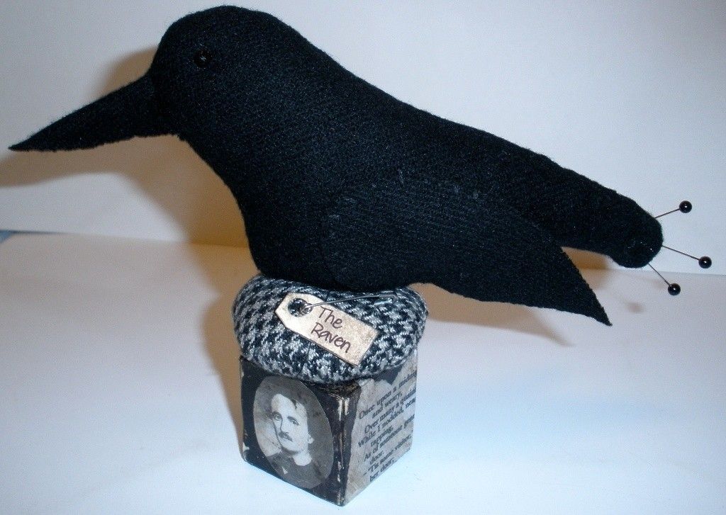 Primitive WOOL BIRD The RAVEN Edgar Allan Poe PIN CUSHION Doll MAKE DO