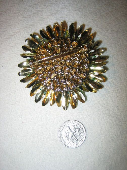 fabulous 2 & 1/3 enamel flower brooch in a gold plated setting