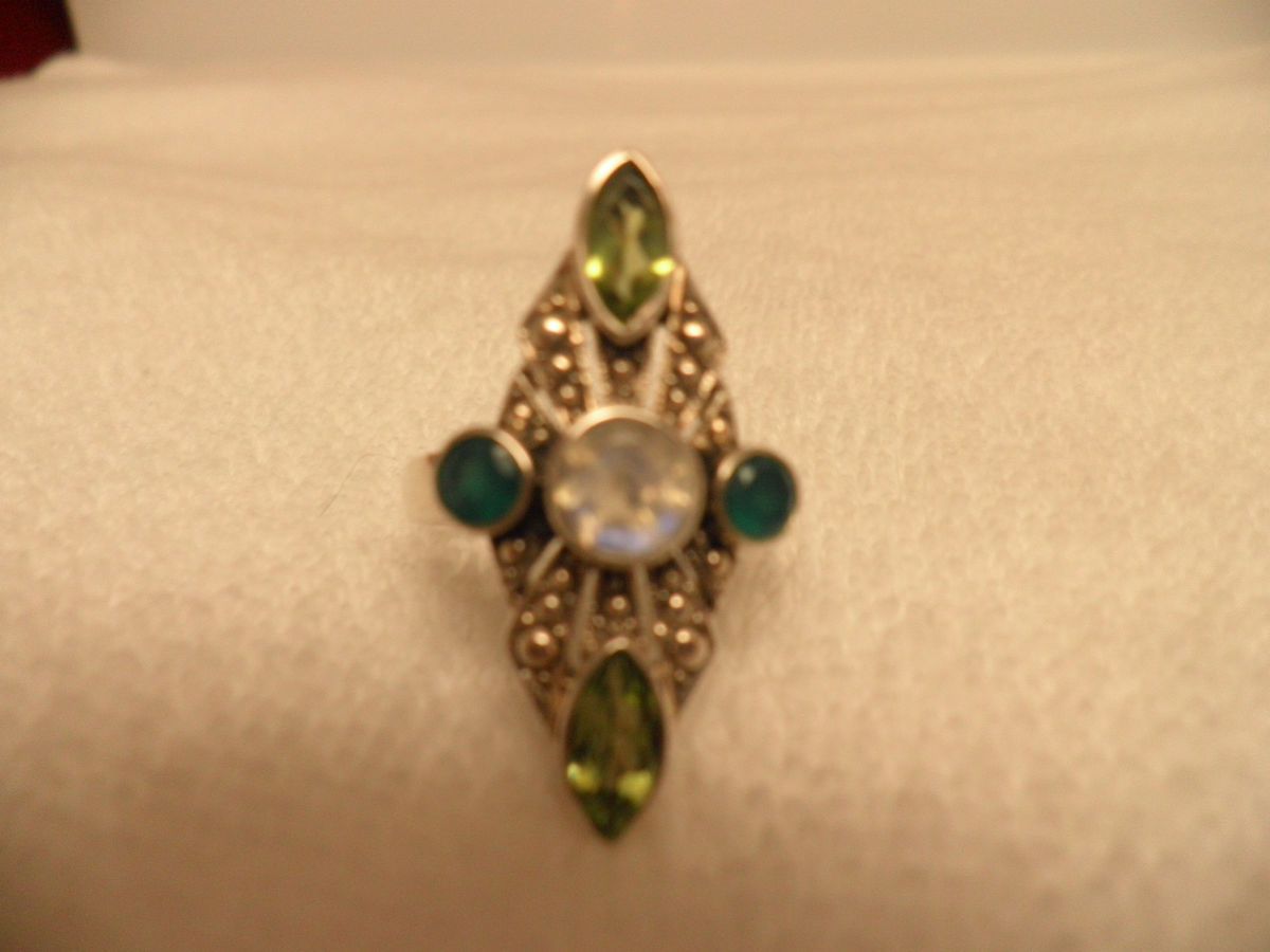 NICKY BUTLER ELONGATED RING WITH MOONSTONE PERIDOT & GREEN TOPAZ SZ 10
