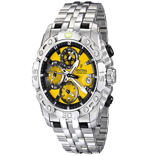 Festina Mens Silver Stainless Steel Watch Yellow Dial Chronograph