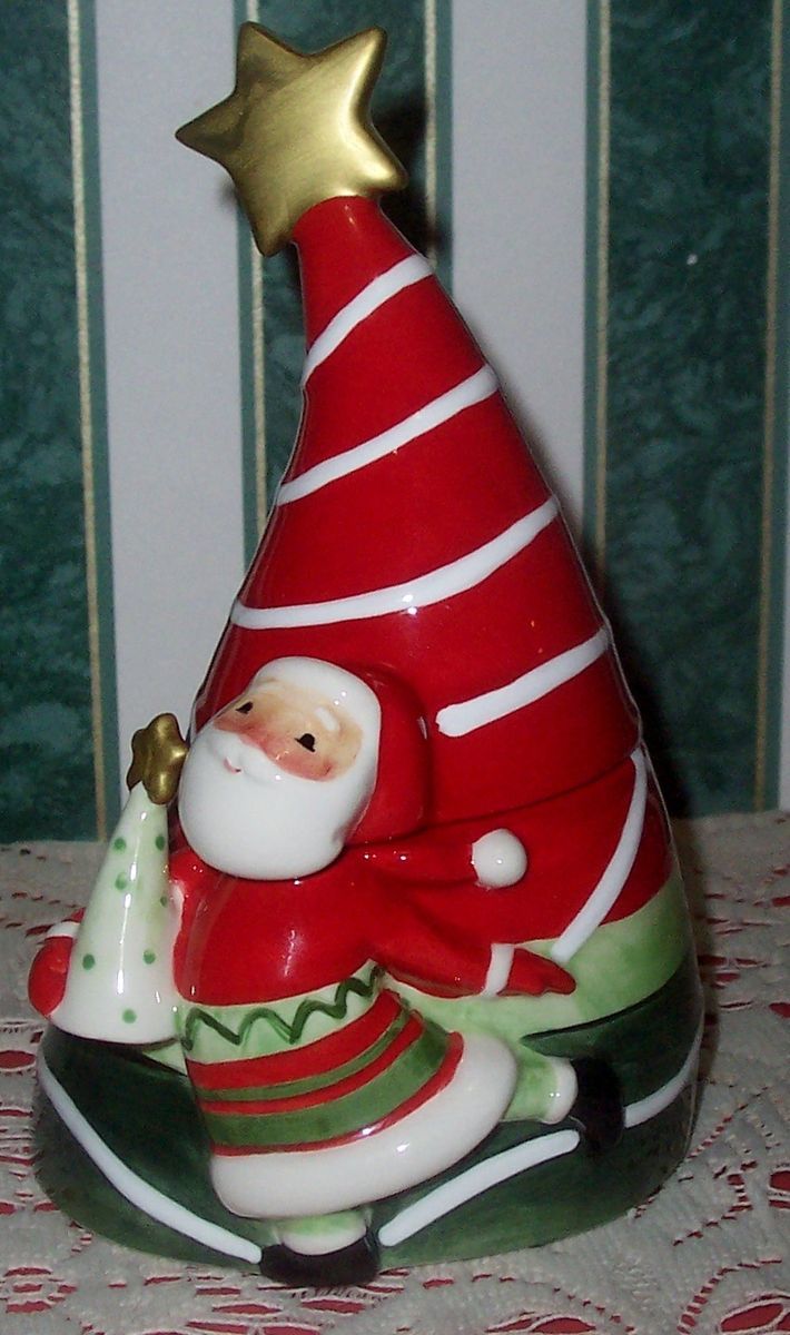 Fitz Floyd Merry Jingle Lidded Box Santa Leaning Christmas Tree W Star