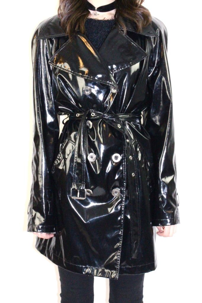 Michael Kors Black Vinyl PVC Patent Leather Belted Trench Coat Jacket