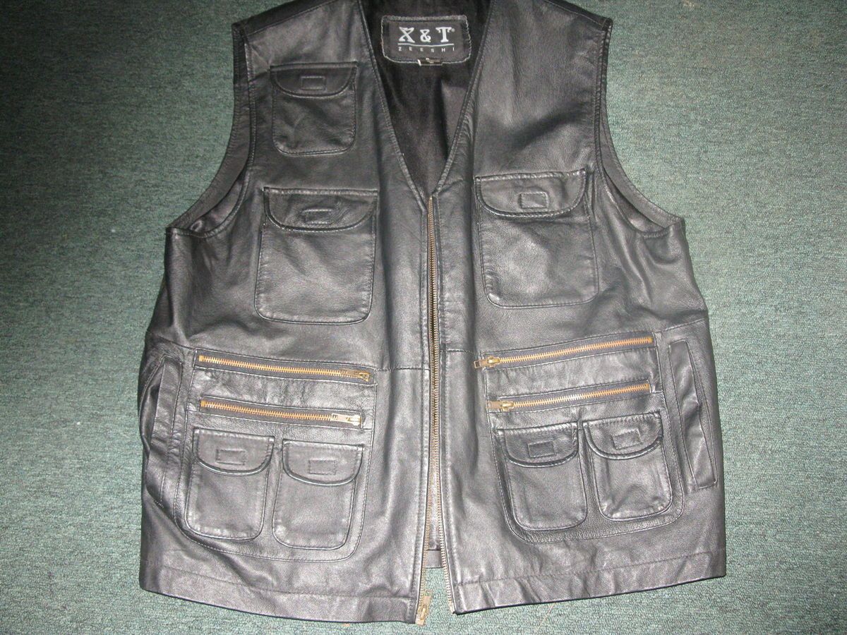 Genuine 100 Leather Mens Biker Vest Multi Pocket